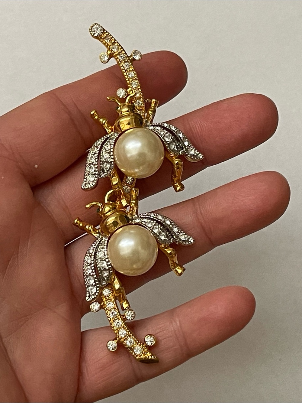 Gold tone, faux pearl, rhinestone bee, bug, insect brooch